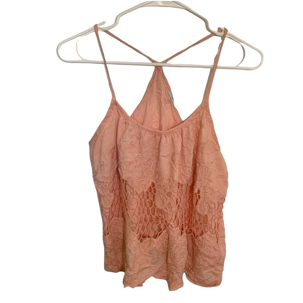 Kimchi Blue Womens Racerback Tank Top Light Pink Crochet Lace Floral Scallop Hem
